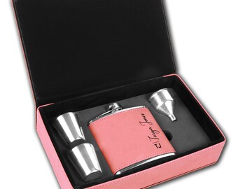 Personalized 6 oz Pink Leather Flask Gift Set, Drinking Gift Set, Bridesmaid Flask, Maid of Honor Flask, Flask Gift Set, Ladies Flask