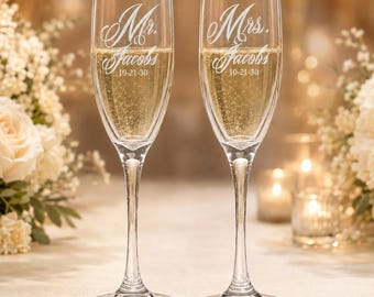 Personalized Wedding Champagne Flutes: Engraved Mr & Mrs Toasting Glasses (Set of 2)