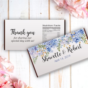 Personalized Hydrangea Chocolate Bar Stickers | Printed Labels for Full Size Candy Bar | Wedding Favors | Set of 12