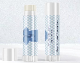 Personalized Baby Shower Lip Balm Labels – Blue Polka Dot Design