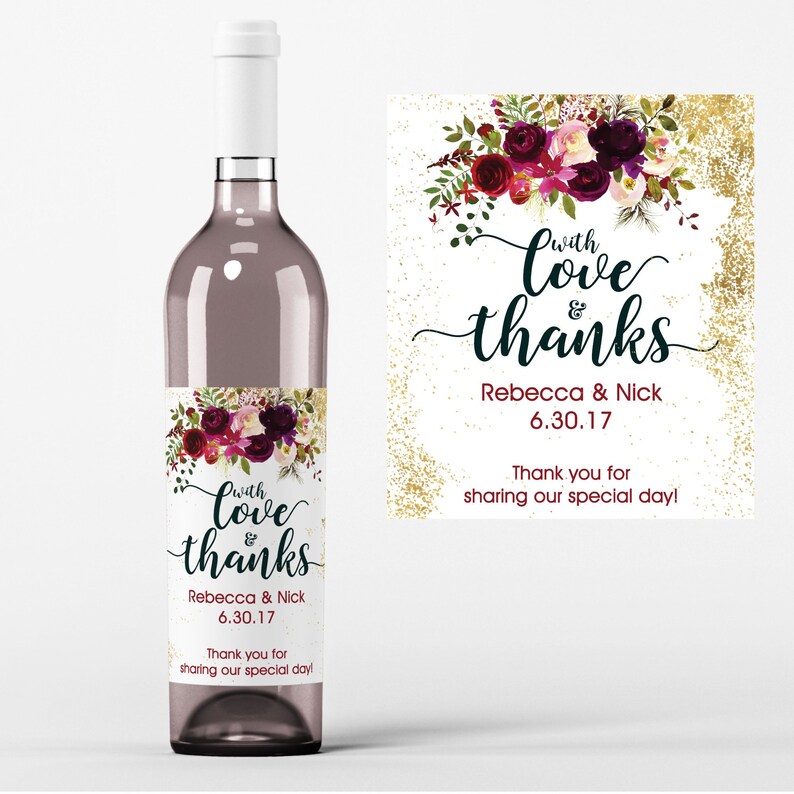 Thank You Wine Labels With Love and Thanks Burgundy Rose - Etsy