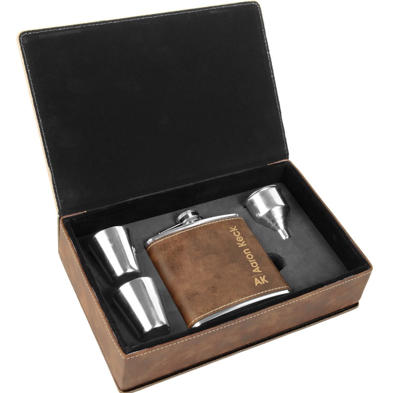 Groomsmen Rustic Leather Flask, Personalized Engraved Box Set, Best Man, Bridesmaid, Bachelor Party, Proposal ,Wedding Favors Design #6