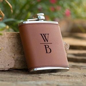 Personalized Initials Brown Leather Flask |  Groomsman Flask Best Man Gift  Personalized Flask Gifts for Him Boyfriend Gift Husband Gift