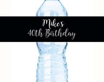 30 Birthday Water Bottle Labels, Personalized Bottle Labels, Black Birthday Labels, Birthday Bottle Wraps, Calligraphy Label, Birthday Favor