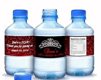 30 Sweet 16 birthday water bottle labels - Sweet 16 Bottle Wraps - Sweet 16 Stickers - Sweet 16 Birthday - Red Glitter - Tiara Bottle Wraps