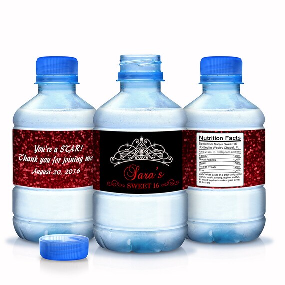 30 Sweet 16 birthday water bottle labels - Sweet 16 Bottle Wraps - Sweet 16 Stickers - Sweet 16 Birthday - Red Glitter - Tiara Bottle Wraps Il_570xn