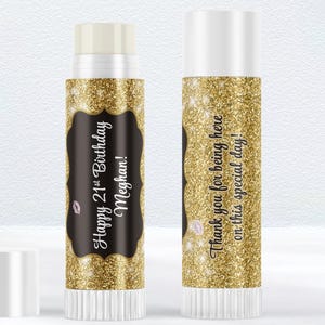 Personalized Black and Gold Lip Balm Labels: Great for Birthdays, Weddings, Bridal Showers, Business Promotions and More - 1 Sheet of 12