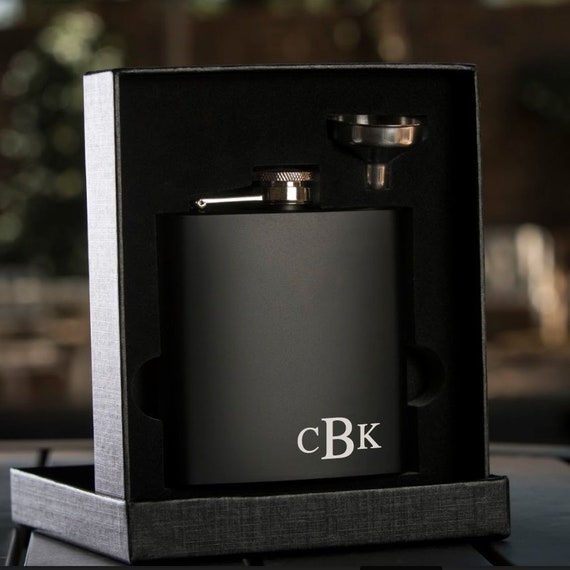 Personalized Monogrammed Black Flasks with Funnel | Gift Flask | Gift for Him | Groomsman Gift | Best Man Gift | Grooms Gift | Set of 11 Il_570xn