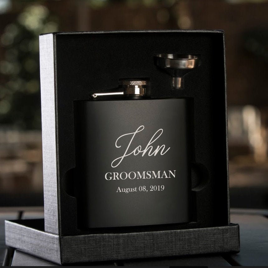 Engraved Flask Groomsman Best Man Gift 7 pc Black Matte Set Personalized Free 