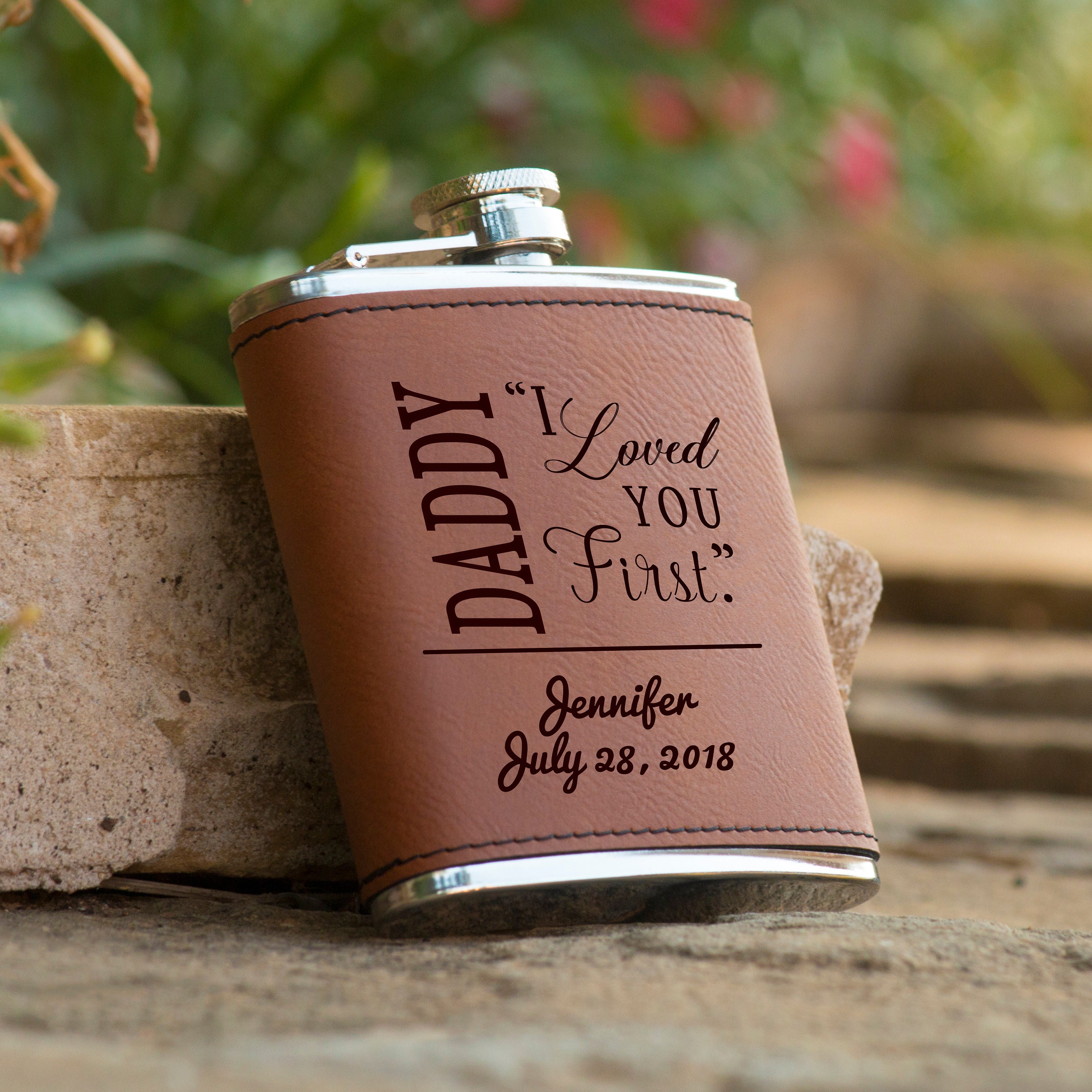 Personalized Leatherette Flask Choose from 9 colors Dark Brown w/ black text Free Engraving 