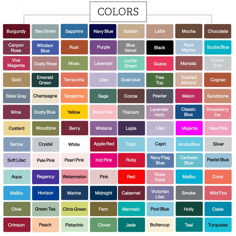 Puede incluir: Una carta de colores que presenta una cuadr&iacute;cula de muestras rectangulares, cada una etiquetada con un nombre de color &uacute;nico como Burgundy, Navy Blue, Black, Gold y Turquoise. La palabra COLORS aparece centrada arriba.