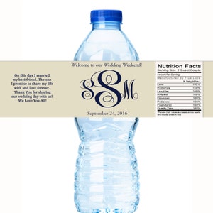 30 Monogram Wedding Water Bottle Labels Custom Color Wedding Labels Monogram Bottle Wraps Wedding Favors Wedding Decor image 1