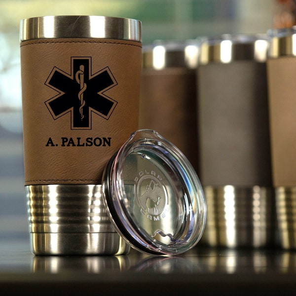 Personalized EMS Travel Tumbler | Vegan Leather, Engraved 20 oz Coffee Mug