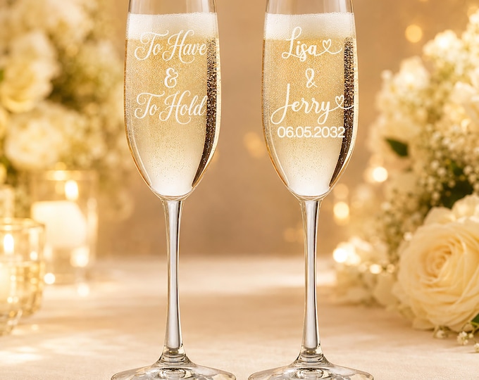 Personalized Wedding Champagne Flutes, Engraved Names and Date, Toasting Glasses