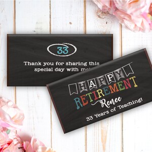 Personalized Chocolate Bar Stickers | Printed Labels for Full Size Candy Bar | Retirement Favors | Retirement Candy Wrapper | Set of 12
