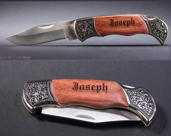 Personalized Pocket Knife, Hunting Knife, Gift for Men, Fathers Day, Custom Camping Knife, Groomsmen Knife, Engraved Knifes, Engraved Wood