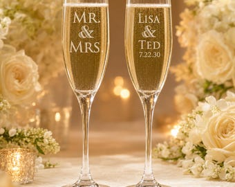Personalized Wedding Champagne Flutes: Engraved Mr & Mrs Toasting Glasses (Set of 2)