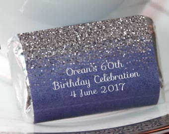 Printed Miniature Candy Stickers  | Small Candy Bar Labels | Silver Sparkle  | Birthday, Retirement, Wedding and more | more sizes available