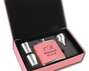 Personalized 6 oz Pink Leather Flask Gift Set, Drinking Gift Set, Bridesmaid Flask, Maid of Honor Flask, Flask Gift Set, Ladies Flask