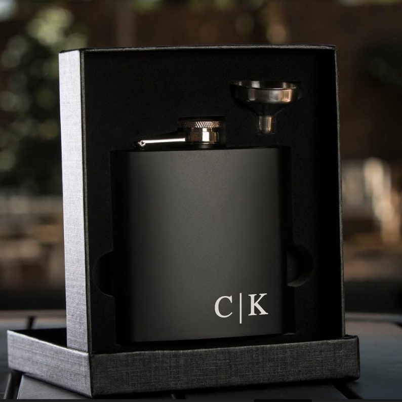 Personalized Engraved Flask, Personalized Black Flask, Groomsman Flask, Best Man Flask, Wedding Party Flask, Bridal Party Flask image 1