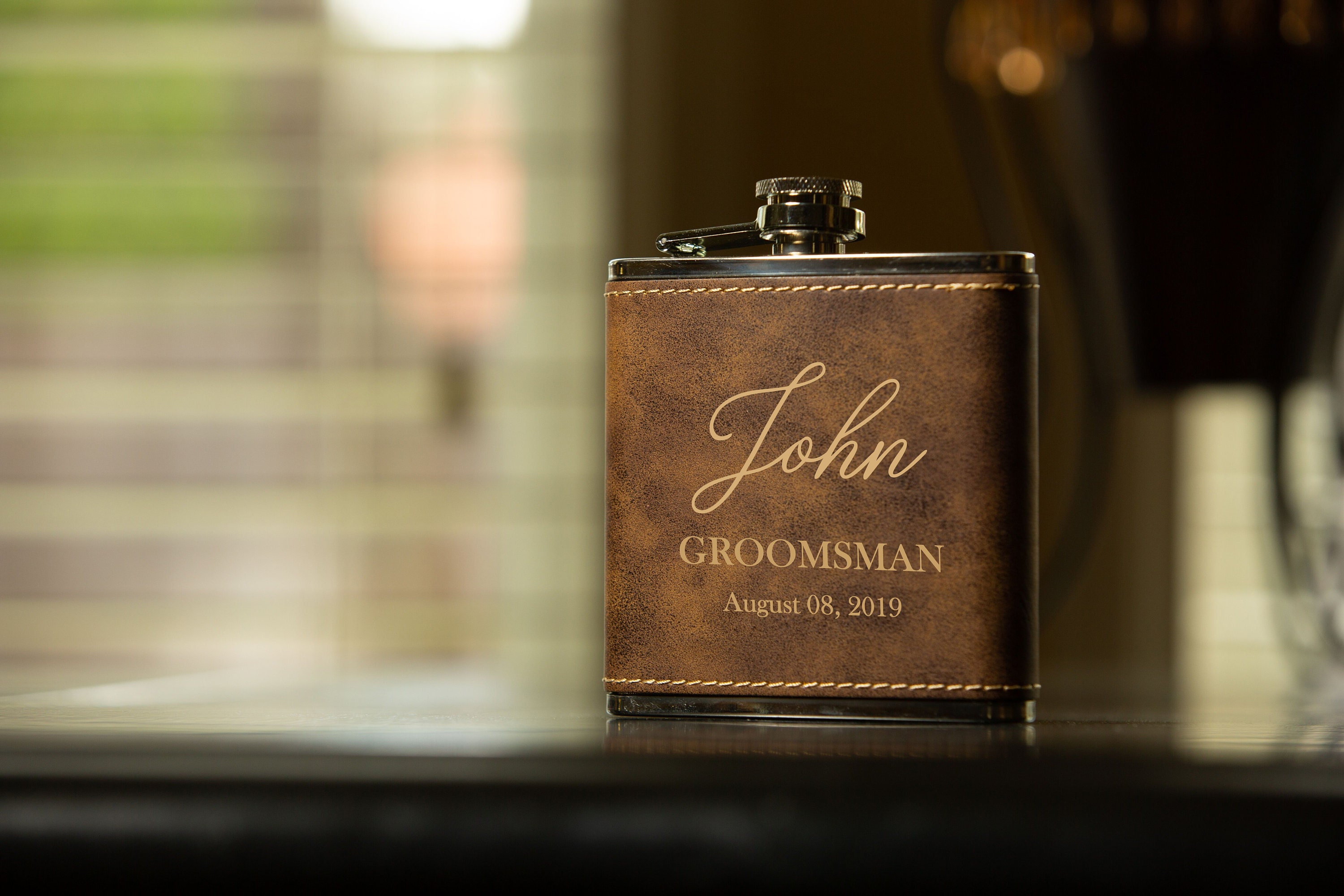 Personalized Groomsman Flasks, Leather Wrapped, Rustic Gold, Best Man