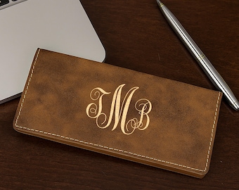 Personalized Leather Checkbook Cover: Laser Engraved Monogram Wallet