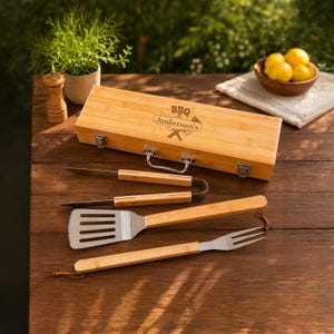 Personalized BBQ Grill Tool Set, Custom Engraved Rosewood or Bamboo Case, Grilling Gift for Dad, Husband, Groomsman or Housewarming