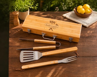 Personalized BBQ Grill Tool Set, Custom Engraved Rosewood or Bamboo Case, Grilling Gift for Dad, Husband, Groomsman or Housewarming