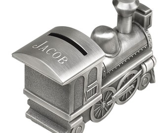 Personalized Pewter Train Bank: Ring Bearer Gift, Child&#39;s Keepsake