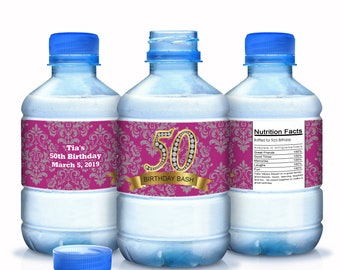 30 Personalized 50th Diamond Damask Birthday Waterproof Water Bottle Labels, Birthday Bottle Wraps, Birthday Favors, Birthday Stickers