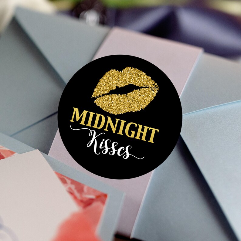 Midnight Kisses Round Labels Gold and Black Labels Wedding Decor Black Gold and White Round Labels Thank you Labels image 1