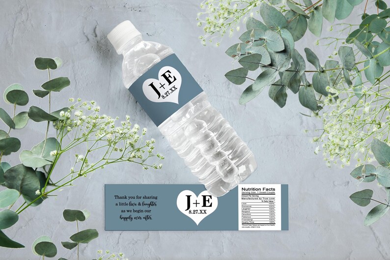 30 Personalized Hearts and Initials Wedding Water Bottle Labels | Great for Weddings and Bridal Showers | Custom Colors, Fonts and Text