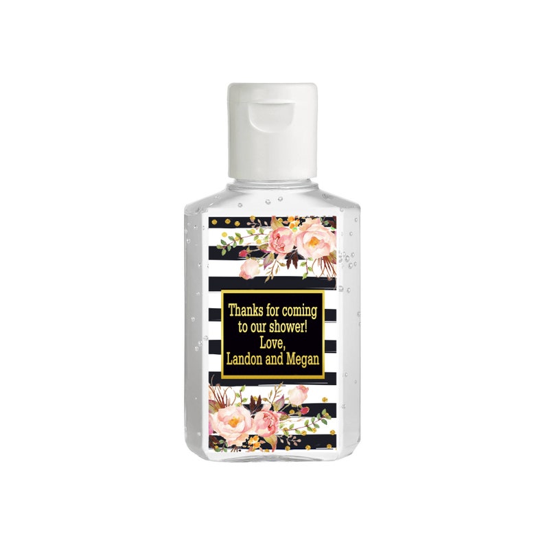 Baby Shower Pink Rose Black and White Striped Gold Dots Hand Sanitizer Label Bridal Shower Baby Shower Favor Wedding Shower
