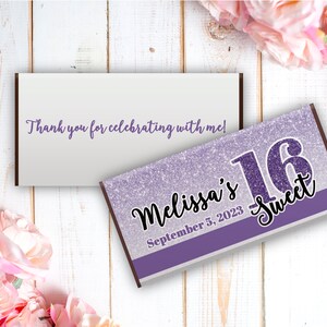 May include: Purple and silver glitter chocolate bar wrapper with the text "Melissa's 16 Sweet" and the date "September 5, 2023". The wrapper also includes a thank you note that says "Thank you for celebrating with me!"