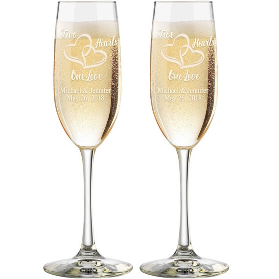 Personalized Wedding Flutes, 2 Toasting Flutes, Engraved Wedding Flute, Double Hearts, Toasting Champagne Flutes Il_570xn