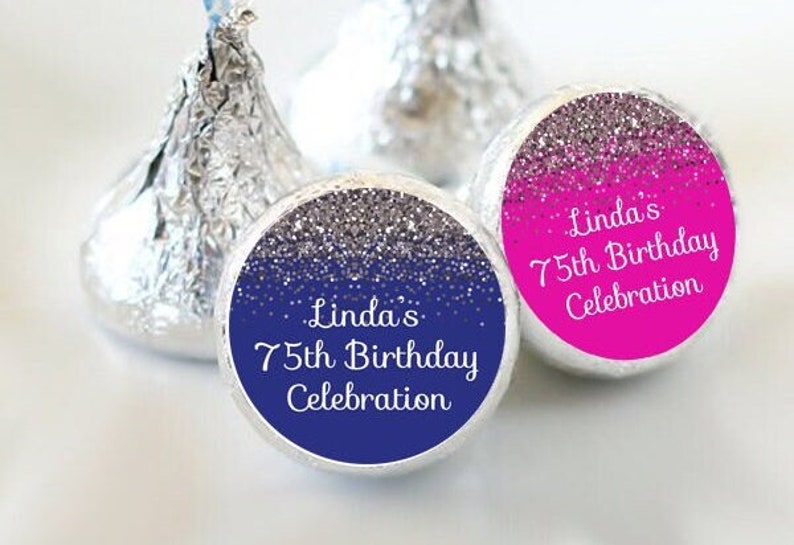 PRINTED 3/4 Round Candy Stickers Personalized Silver Sparkle Birthday Stickers, Round Labels, Candy Labels variety of sizes available image 1