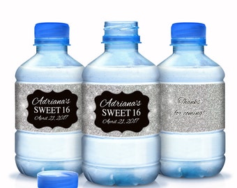 Personalized Glitter Water Bottle Labels | Sweet 16 Birthday