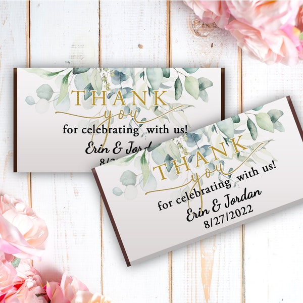Personalized Chocolate Bar Stickers | Printed Labels for Full Size Candy Bar | Green Wreath Eucalyptus | Thank You Favors | Set of 12