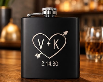 Personalized Couples Flask Gift Set, Engraved Heart Initials Black Flask, Anniversary Gift for Husband or Boyfriend