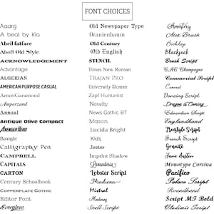 Pode incluir: Uma lista de op&ccedil;&otilde;es de fontes, incluindo fontes serifadas, sem serifa e script. O texto "FONT CHOICES" est&aacute; no topo. Cada fonte &eacute; exibida em seu pr&oacute;prio estilo, oferecendo um guia visual para a sele&ccedil;&atilde;o tipogr&aacute;fica.