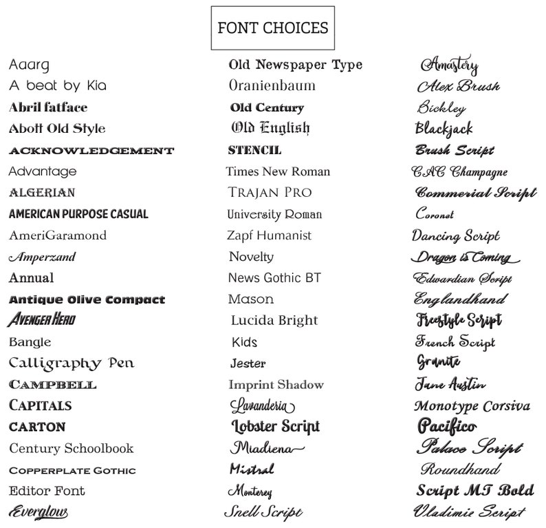 Pode incluir: Uma lista de op&ccedil;&otilde;es de fontes, incluindo fontes serifadas, sem serifa e script. O texto "FONT CHOICES" est&aacute; no topo. Cada fonte &eacute; exibida em seu pr&oacute;prio estilo, oferecendo um guia visual para a sele&ccedil;&atilde;o tipogr&aacute;fica.