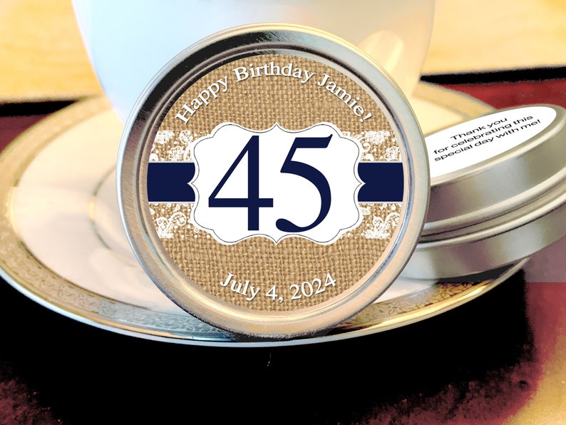 Burlap Birthday Mint Tin Favors, 45th Birthday Favors, Navy Blue Birthday Favors, Candy Birthday Favors, Birthday Decor image 1