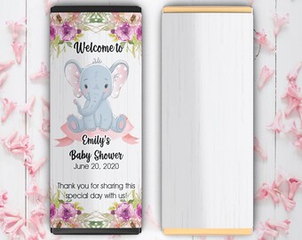 Personalized Chocolate Bar Stickers | Printed Labels for Full Size Candy Bar | Baby Shower | Little Peanut | Pink Elephant | Set of 12