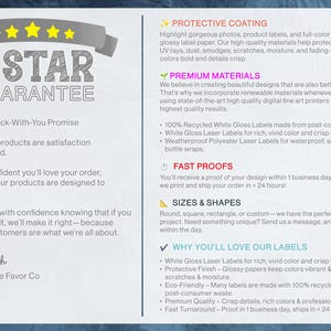 May include: A promotional graphic with a gray banner and gold stars reading "5 STAR GUARANTEE." Text details satisfaction guarantees, product quality, and eco-friendly materials. The text also mentions fast proofs and various label sizes and shapes.