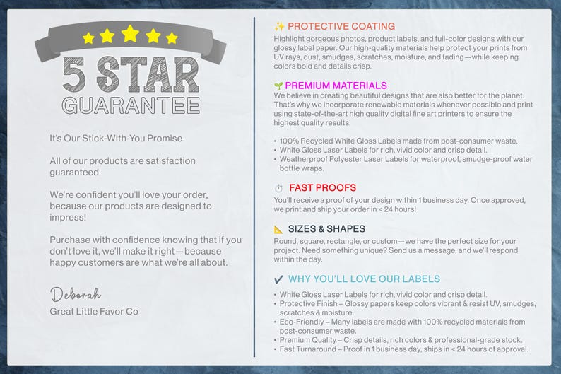 May include: A promotional graphic with a gray banner and gold stars reading "5 STAR GUARANTEE." Text details satisfaction guarantees, product quality, and eco-friendly materials. The text also mentions fast proofs and various label sizes and shapes.