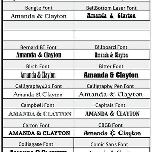 Op de afbeelding: Een tabel met decoratieve serif- en sans-serif lettertypen met de namen van elk lettertype en de tekst "Amanda & Clayton" die voor elk lettertype wordt herhaald.
