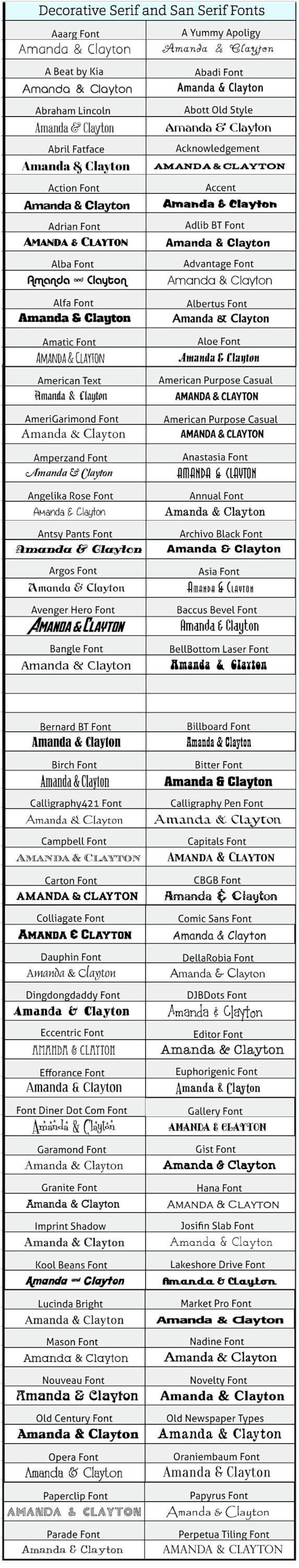 Op de afbeelding: Een tabel met decoratieve serif- en sans-serif lettertypen met de namen van elk lettertype en de tekst "Amanda & Clayton" die voor elk lettertype wordt herhaald.