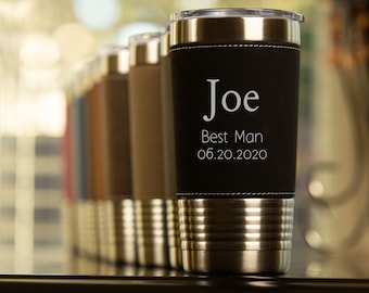 Personalized Leather Travel Tumbler 20 oz | Groomsman Tumbler - Best Man Tumbler - Personalized Travel Mug - Gift for Him - Groomsman Gift