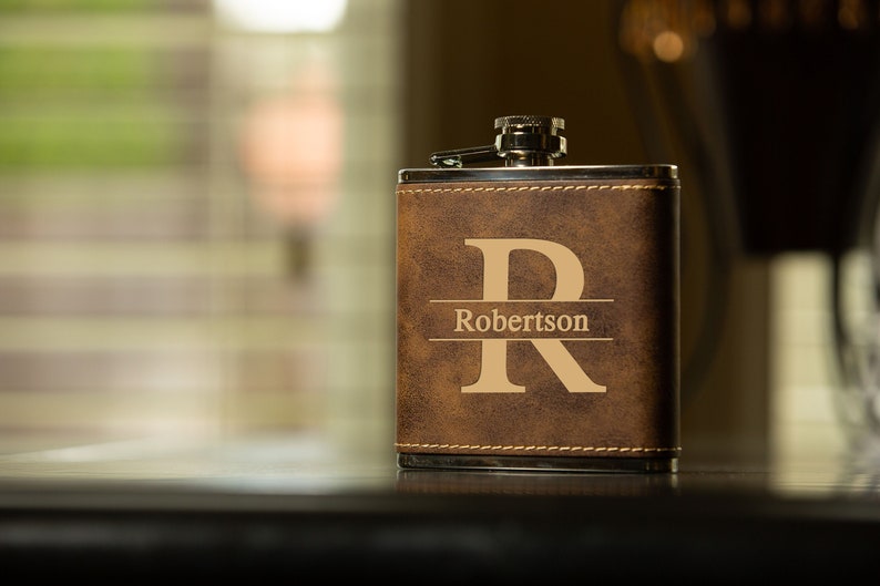 Groomsmen Rustic Leather Flask, Personalized Engraved Box Set, Best Man, Bridesmaid, Bachelor Party, Proposal ,Wedding Favors image 1