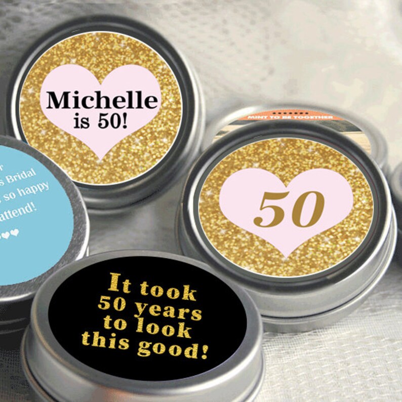 12 Personalized 50th Birthday Mint Tins 50th Birthday Decor Birthday Mint Tins Gold and Pink Gold Glitter Milestone Birthday